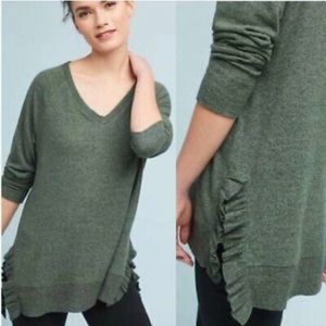 Anthropologie Postmark Green Brushed V Neck Ruffle Hem Sweater Size XSP Pullover